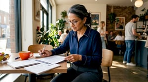 Business owner reviewing cybersecurity checklist at desk