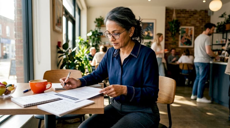 Business owner reviewing cybersecurity checklist at desk