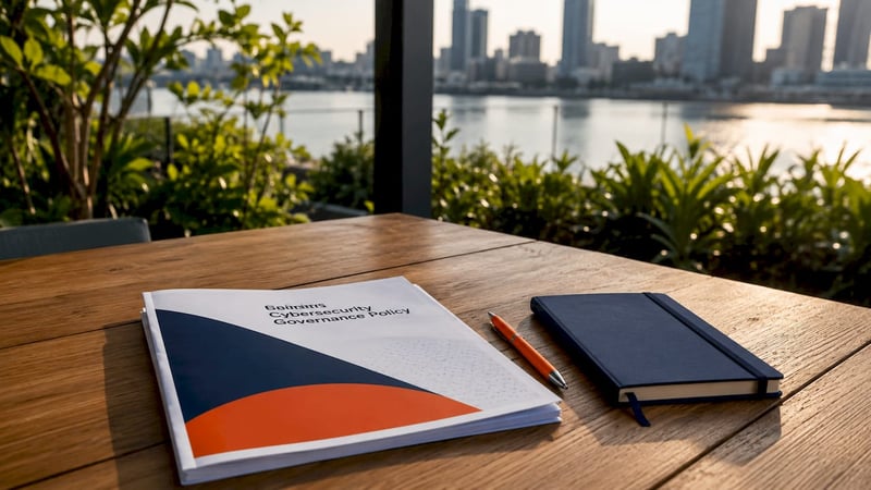 Printed cybersecurity governance policy on table