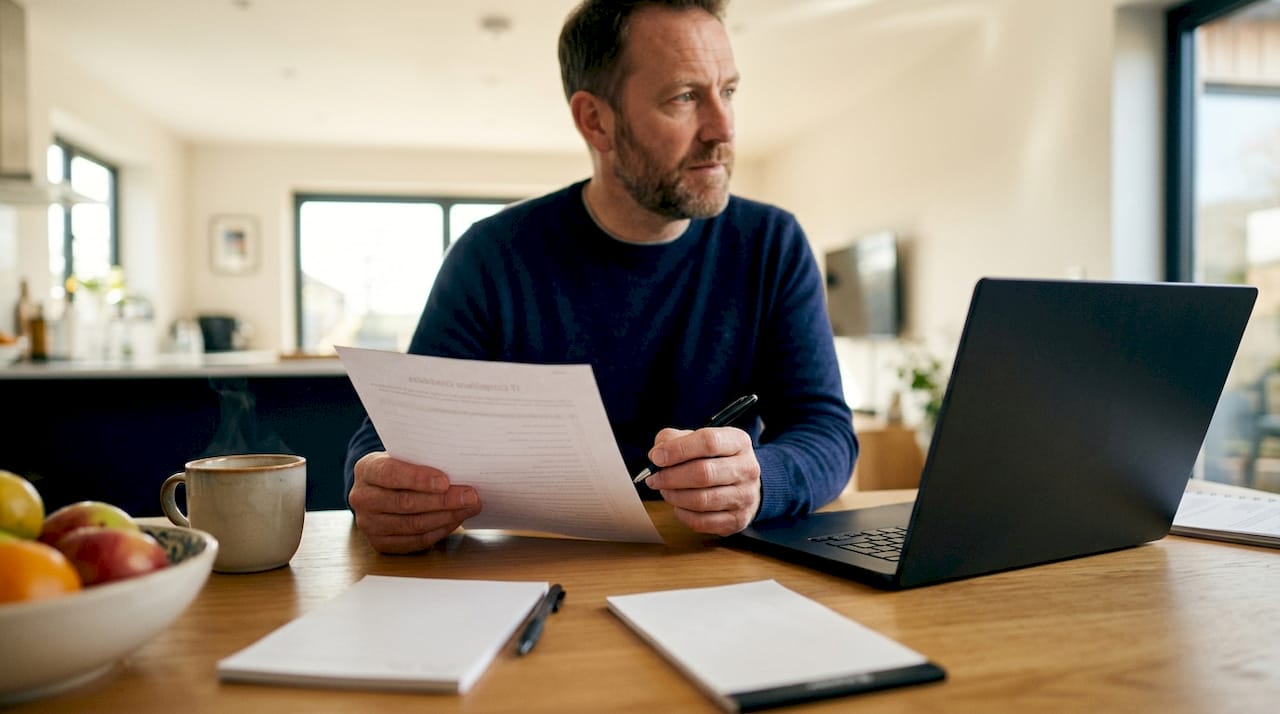 Man reviewing IT compliance checklist at bright desk