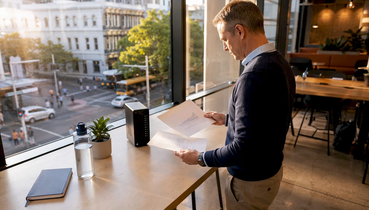 Man verifying IT backups in Brisbane office
