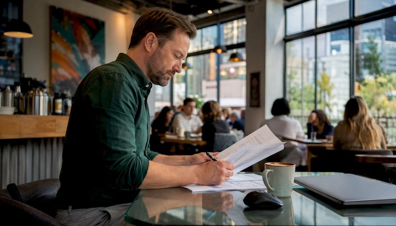 White male IT consultant reviewing IT reports in office