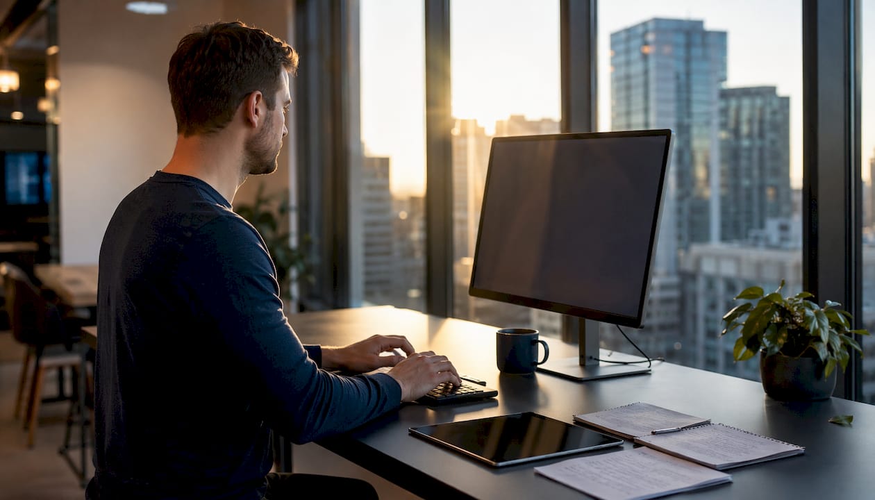 Cybersecurity analyst working at multi-monitor desk