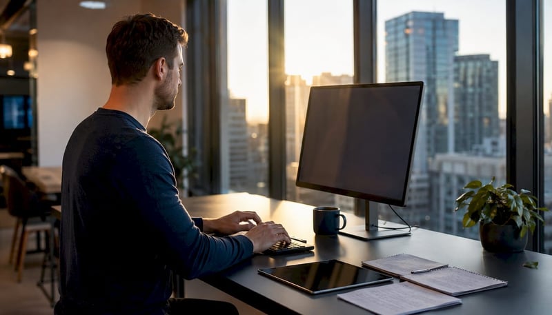 Cybersecurity analyst working at multi-monitor desk