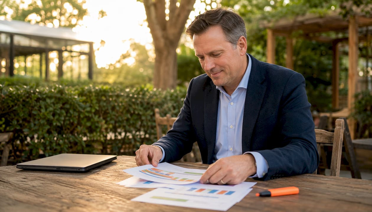 Hands arranging pricing charts on table