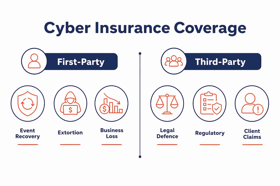 Infographic showing cyber insurance coverage split into first-party and third-party