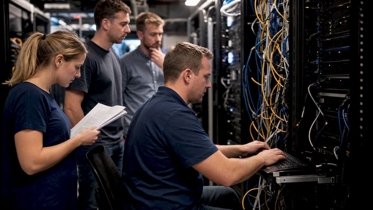 Hands applying patches on server hardware