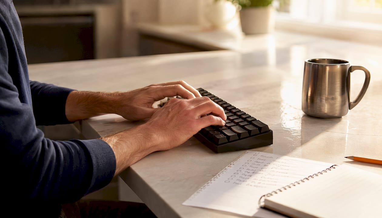 Hands typing on keyboard in home study