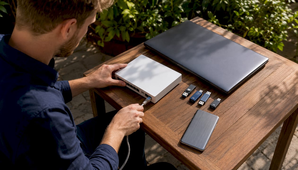 Hands connecting network hardware