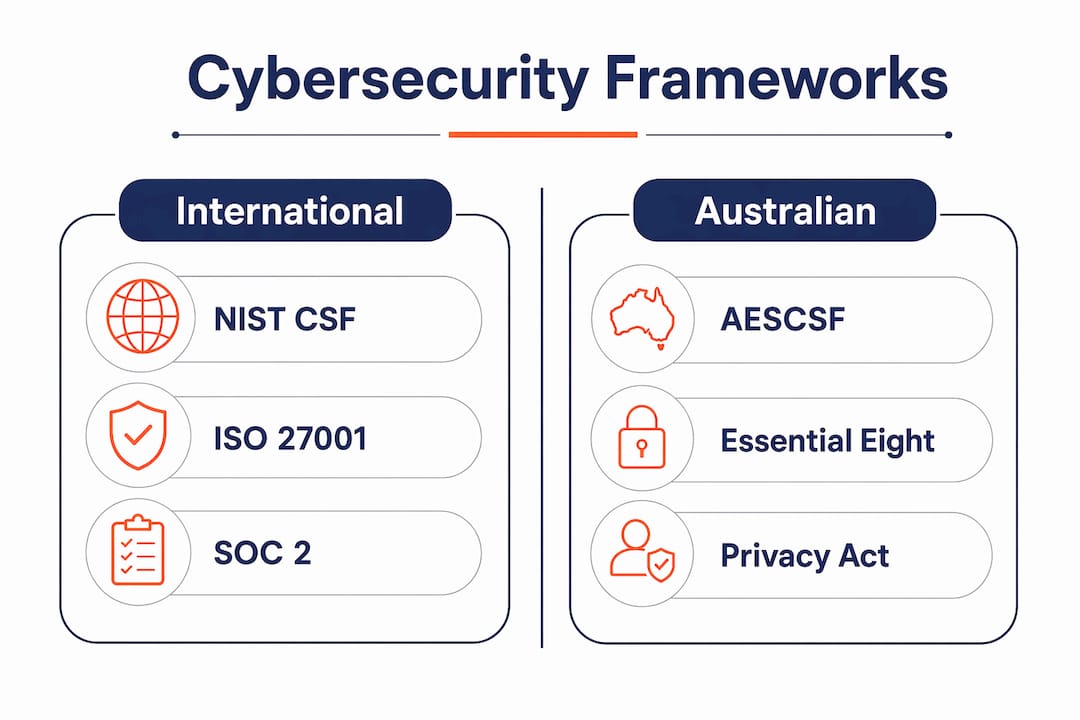 Infographic comparing international vs Australian cybersecurity frameworks