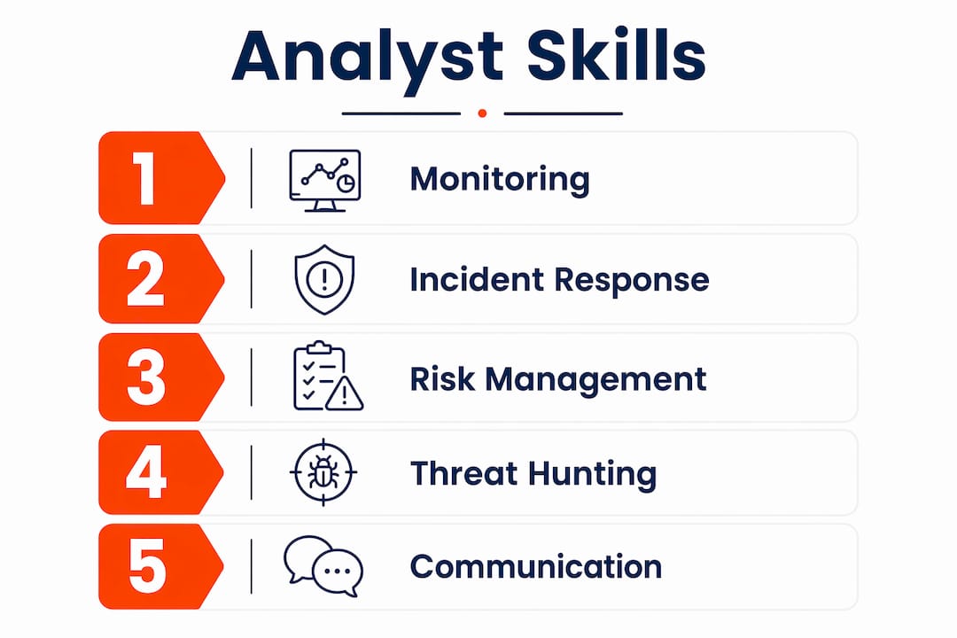 Infographic showing key skills of cybersecurity analyst