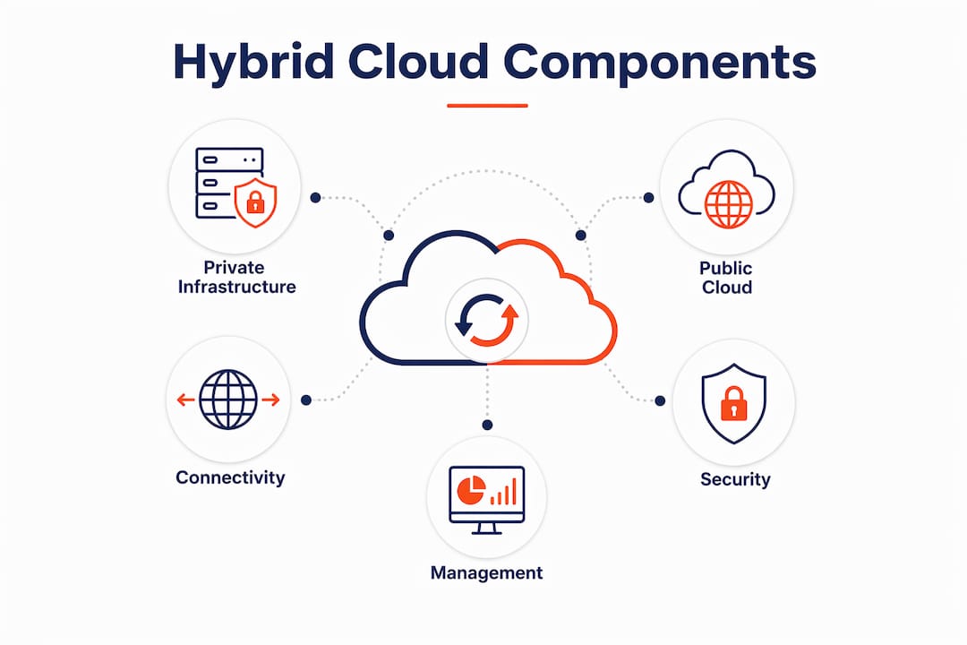 Infographic outlining hybrid cloud key components