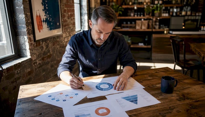 Consultant reviewing cybersecurity documents at desk