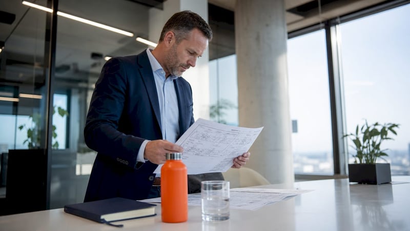 Technical security officer reviewing reports in office