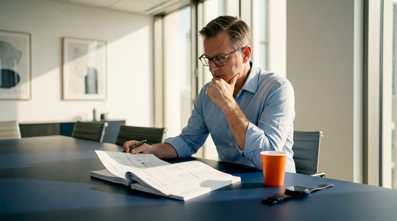 White male architect at office desk reviewing documents