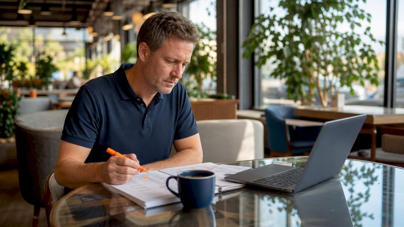 Man reviewing printed compliance checklist at desk