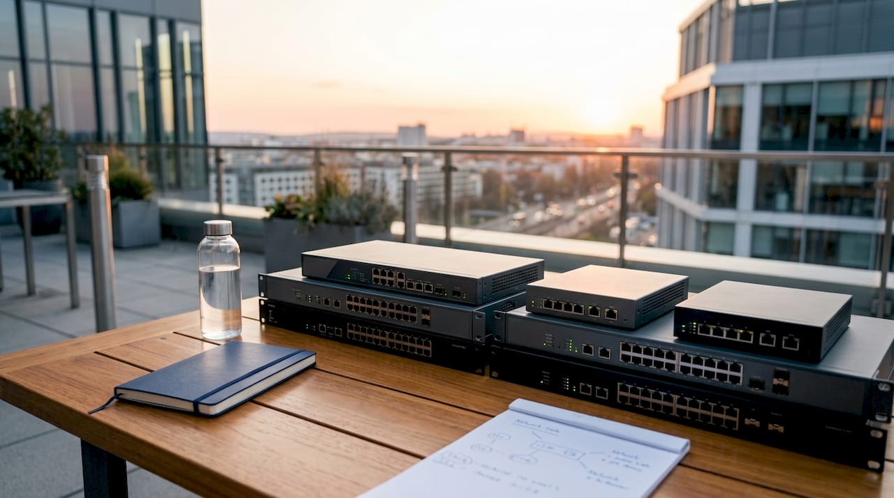 Network firewall hardware devices on table