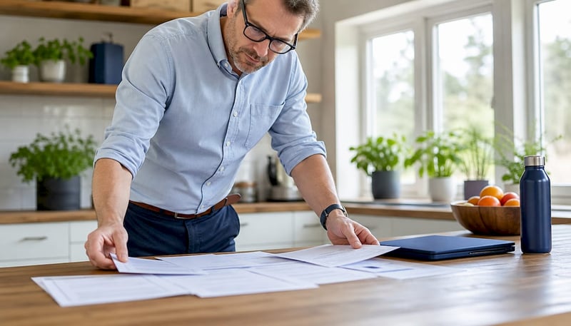 Man organizing data privacy documents at desk