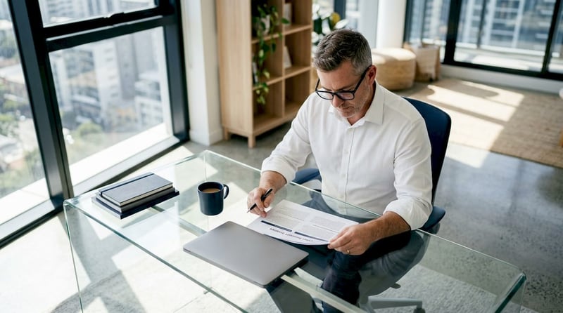 CISO reviewing security strategy document in office