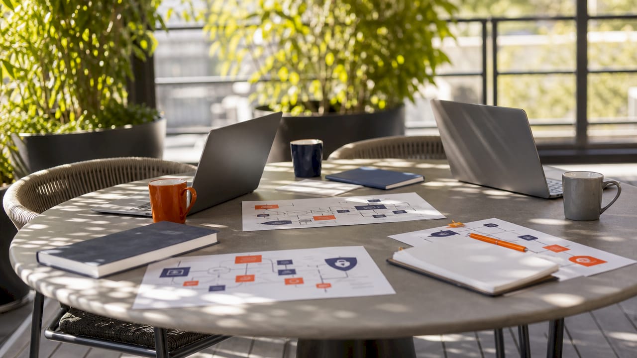 Office table with cyber security training materials