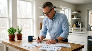 White man reviewing cybersecurity budget documents in office