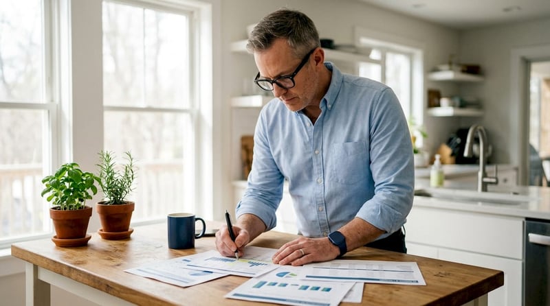White man reviewing cybersecurity budget documents in office