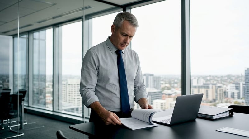 Man reviewing cybersecurity compliance document at desk