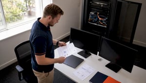 IT technician reviewing monitoring reports in office