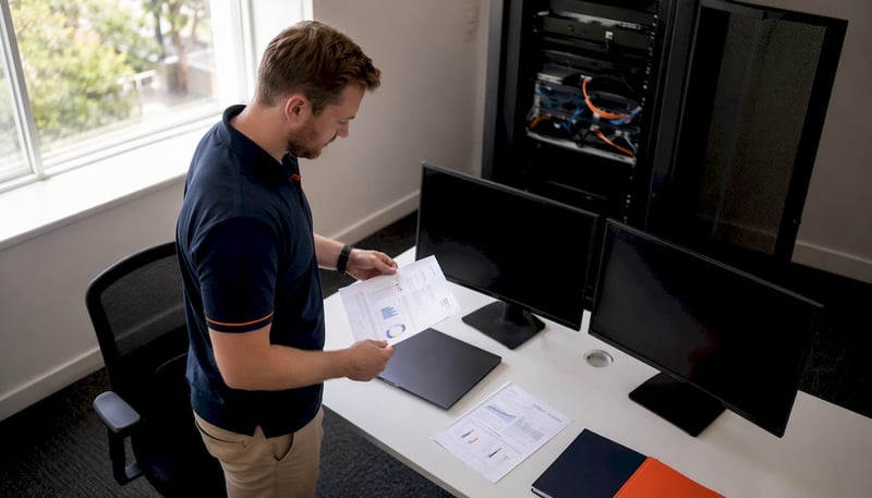 IT technician reviewing monitoring reports in office