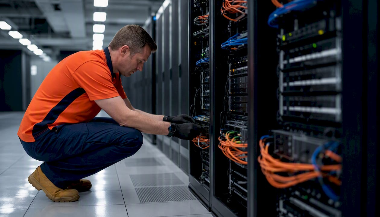 Hands connecting hardware in data center server rack
