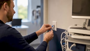 Hands disconnecting network cable in healthcare