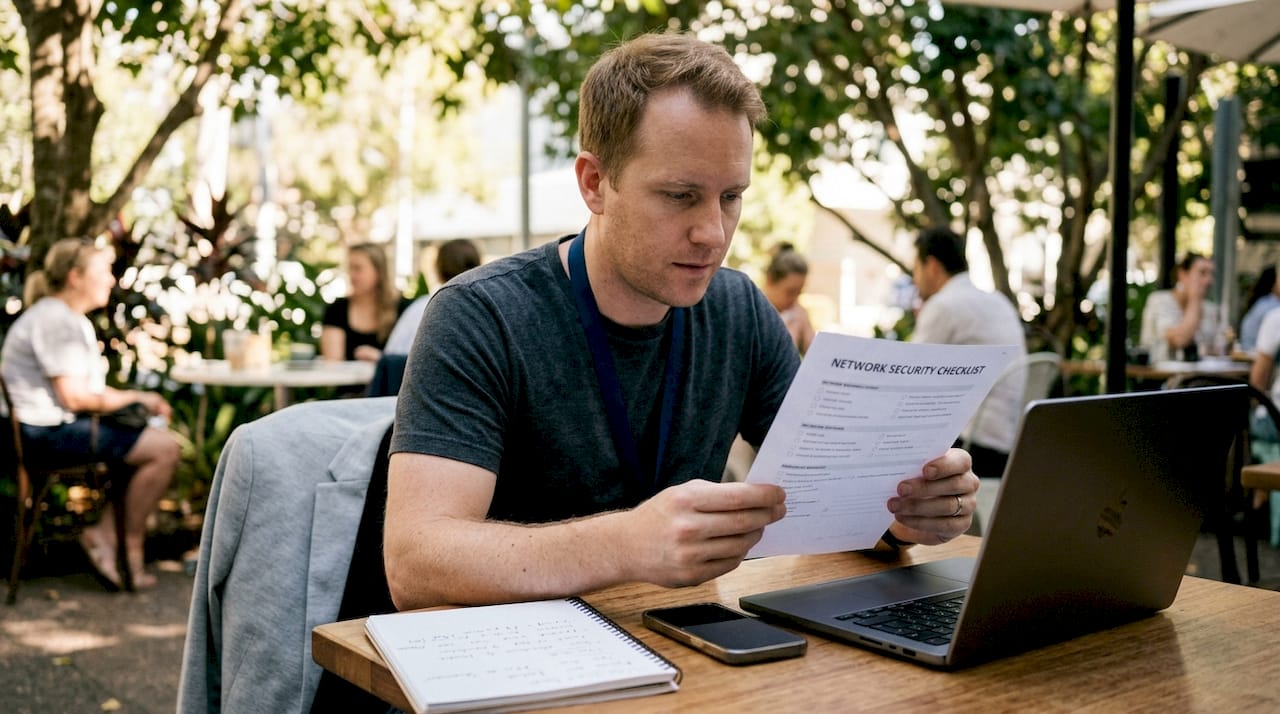 Man reviewing network security checklist at desk