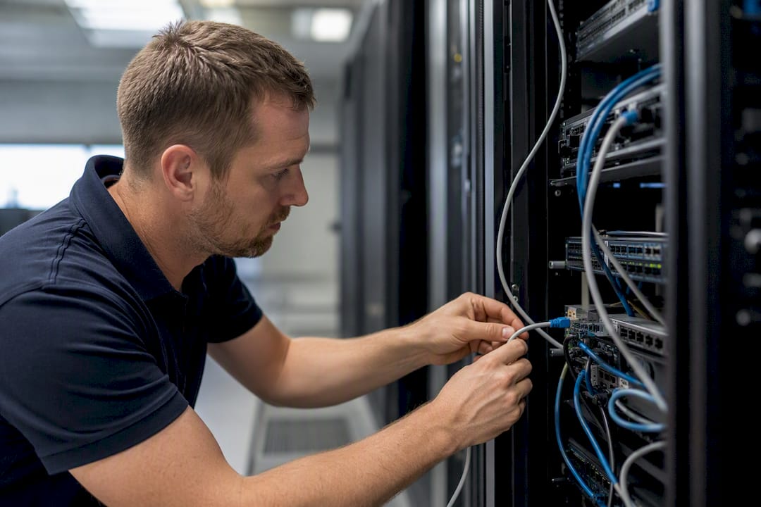 Senior IT technician connecting server cable