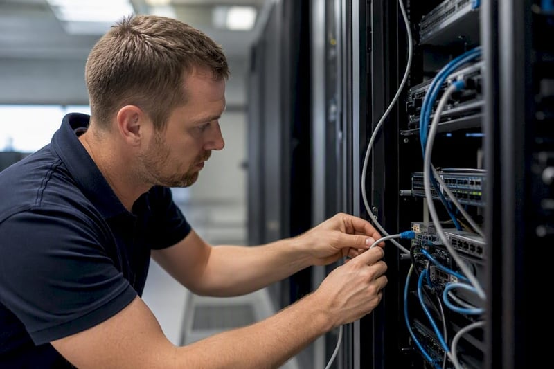Senior IT technician connecting server cable