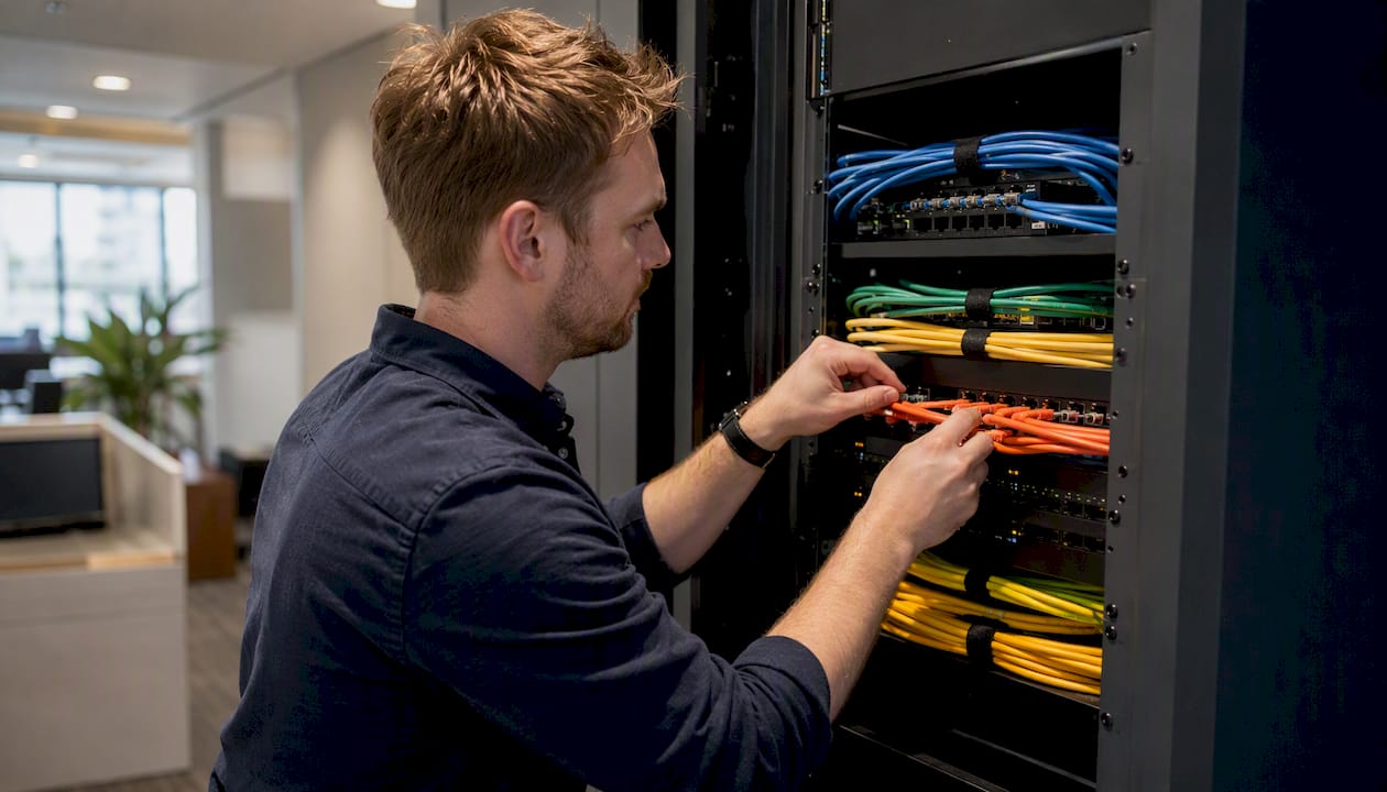 Hands connecting and tagging network cables