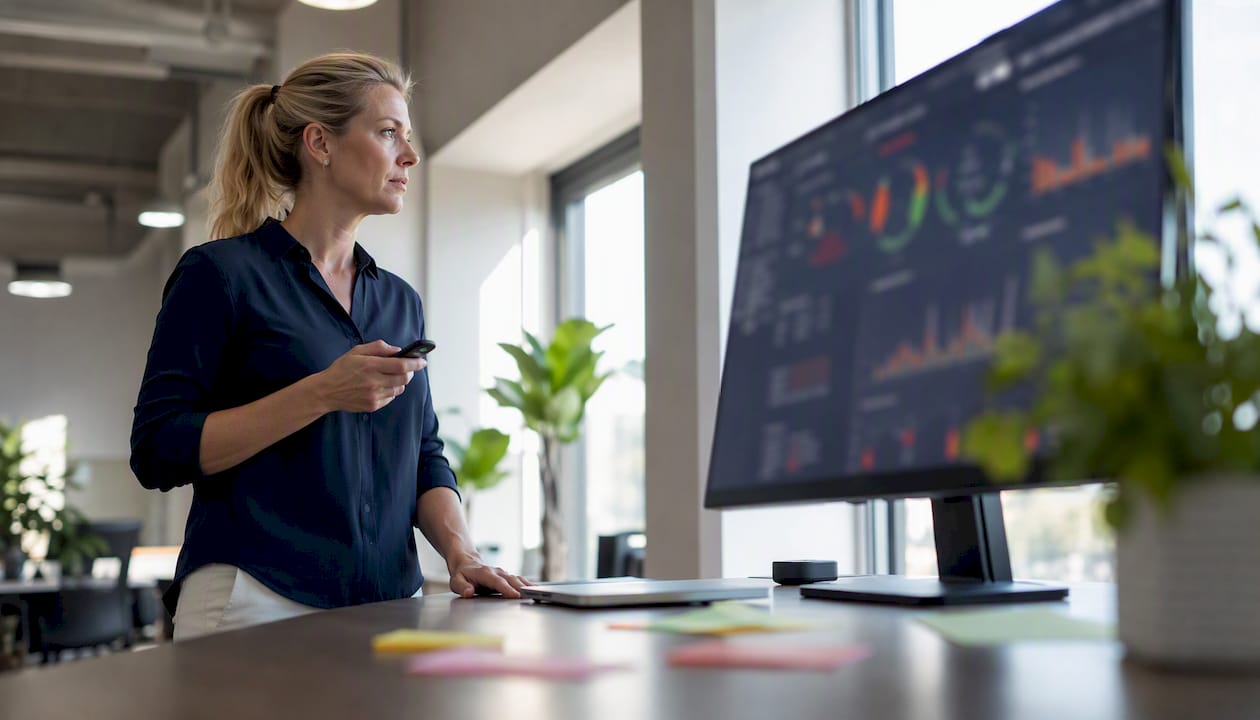 Woman monitoring network dashboard in office