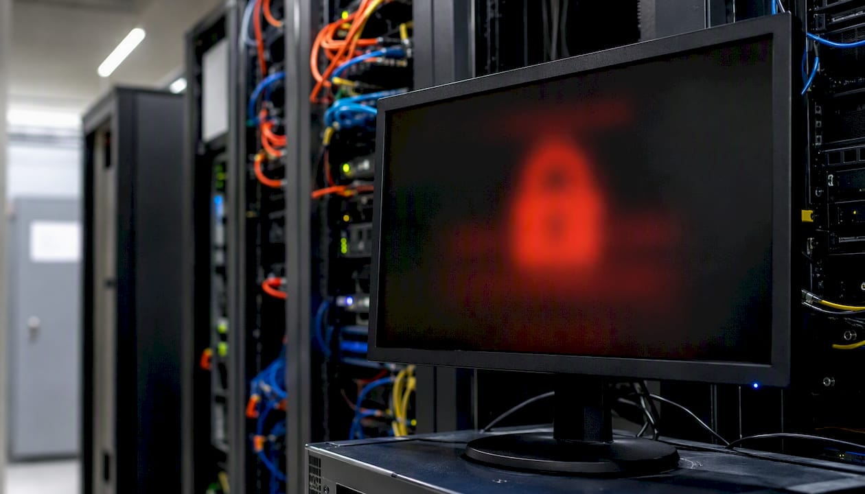 Blurred ransomware alert on dark monitor in server room