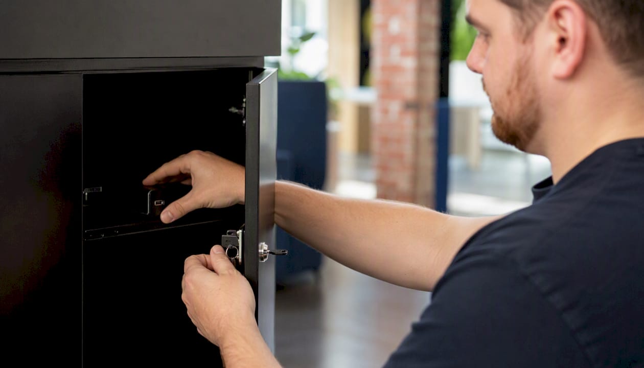 Hands locking physical backup storage drawer