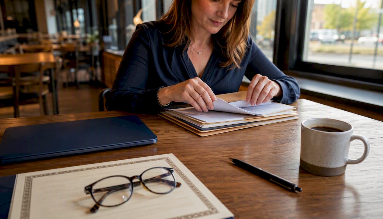Hands sorting cybersecurity certification documents