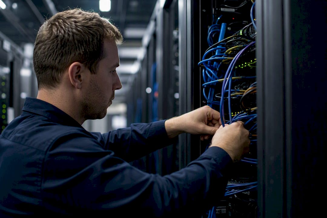 Hands connecting network cable in server rack