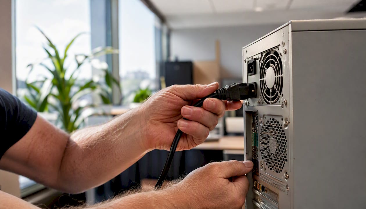 Hands inspecting legacy office computer hardware