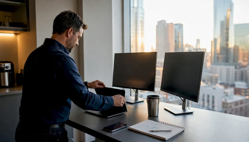 Cybersecurity professional working at office desk with devices