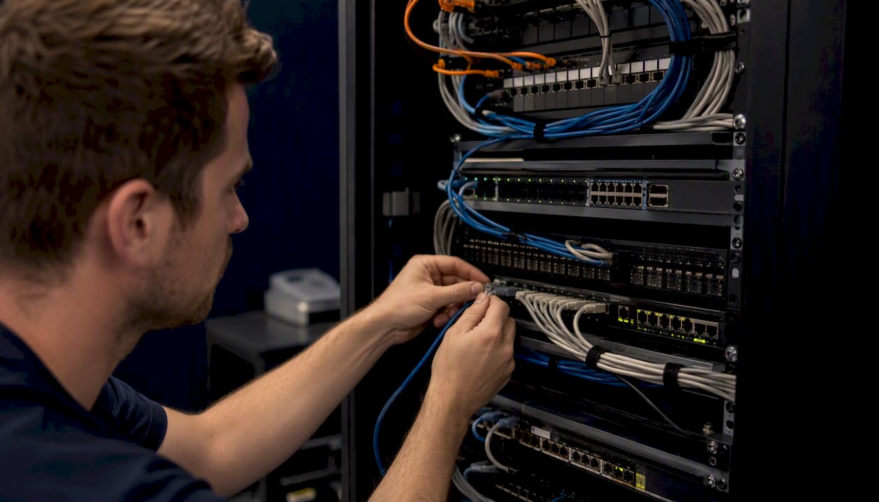 Hands connecting network switch cables