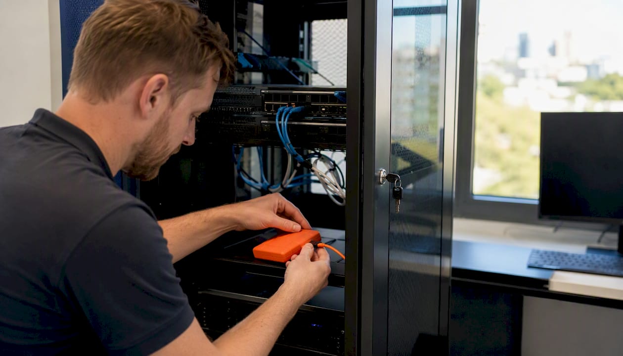 Technician wiring backup device in server room
