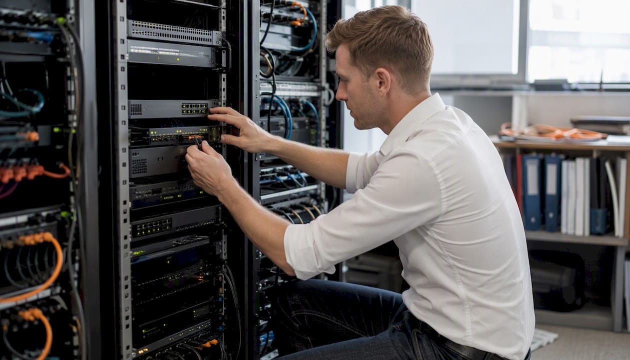 Hands configuring firewall device in server room