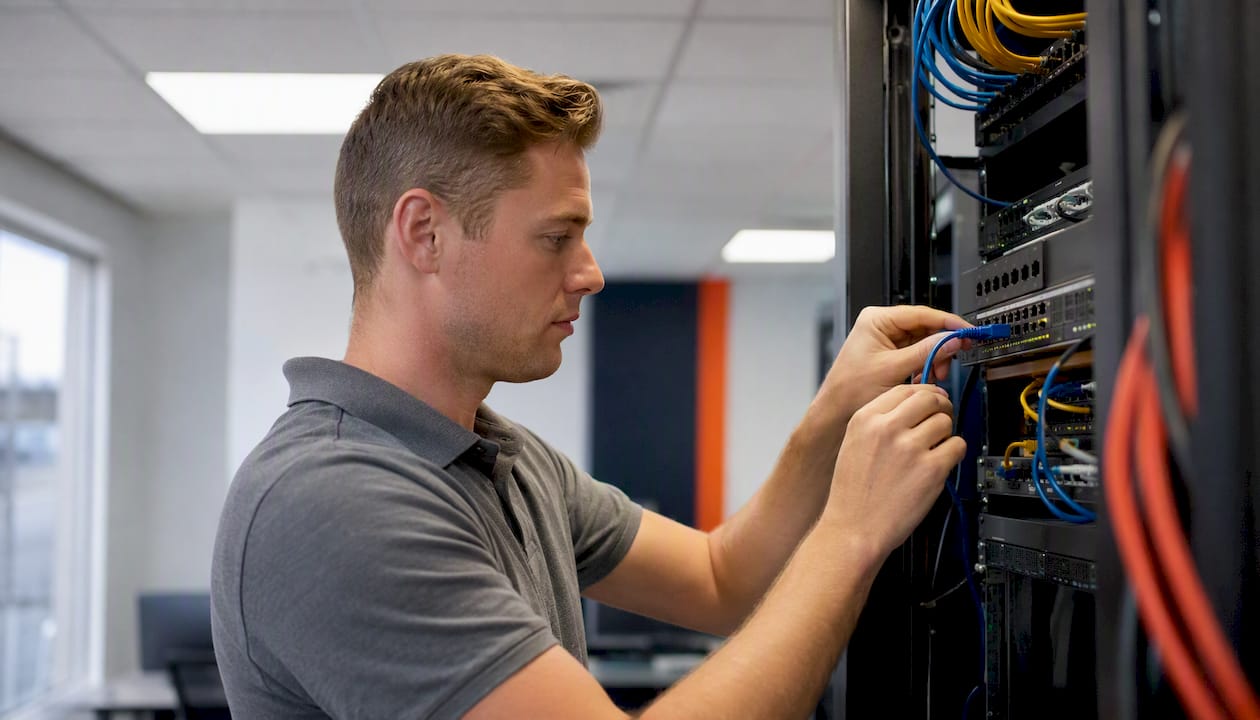 Hands connecting network cables in server rack