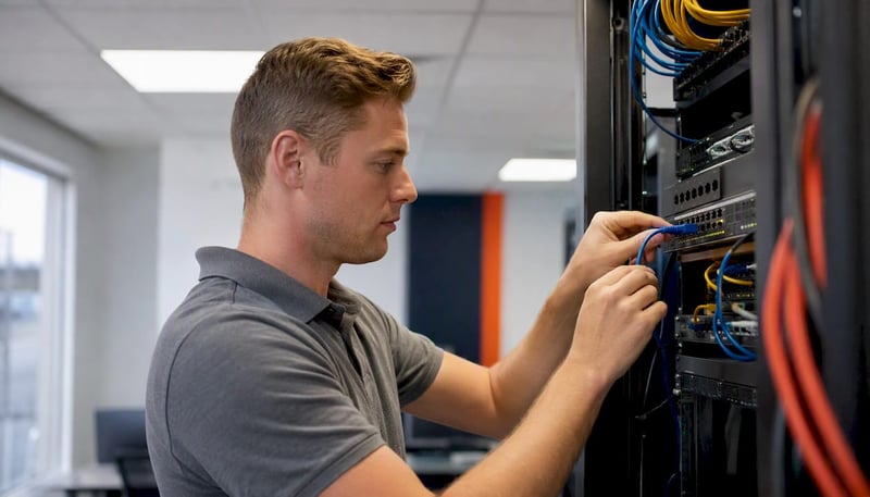 Hands connecting network cables in server rack