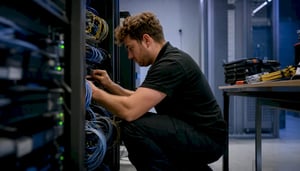 Hands wiring network cables in server rack