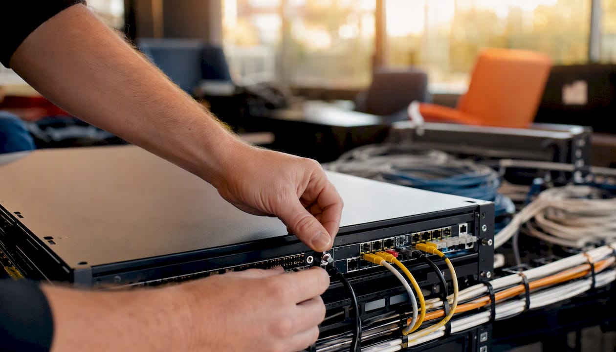 Hands configuring network firewall device