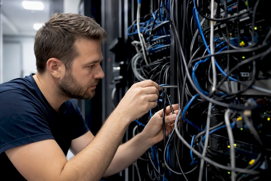Hands connecting cable in server room